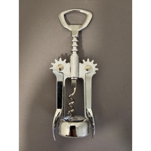 Silver Corkscrew Wine Bottle Opener w/Fins - Push Down - 6-1/4" - Used - Picture 1 of 8